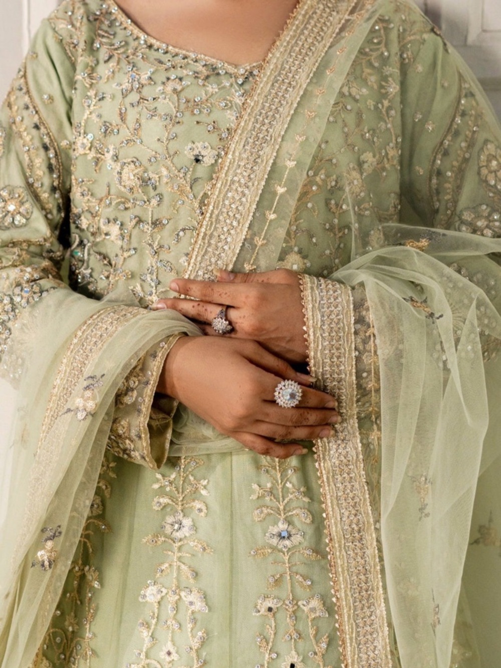 Embroidered Pastel Green Formal Dress with Sheer Dupatta and trouser